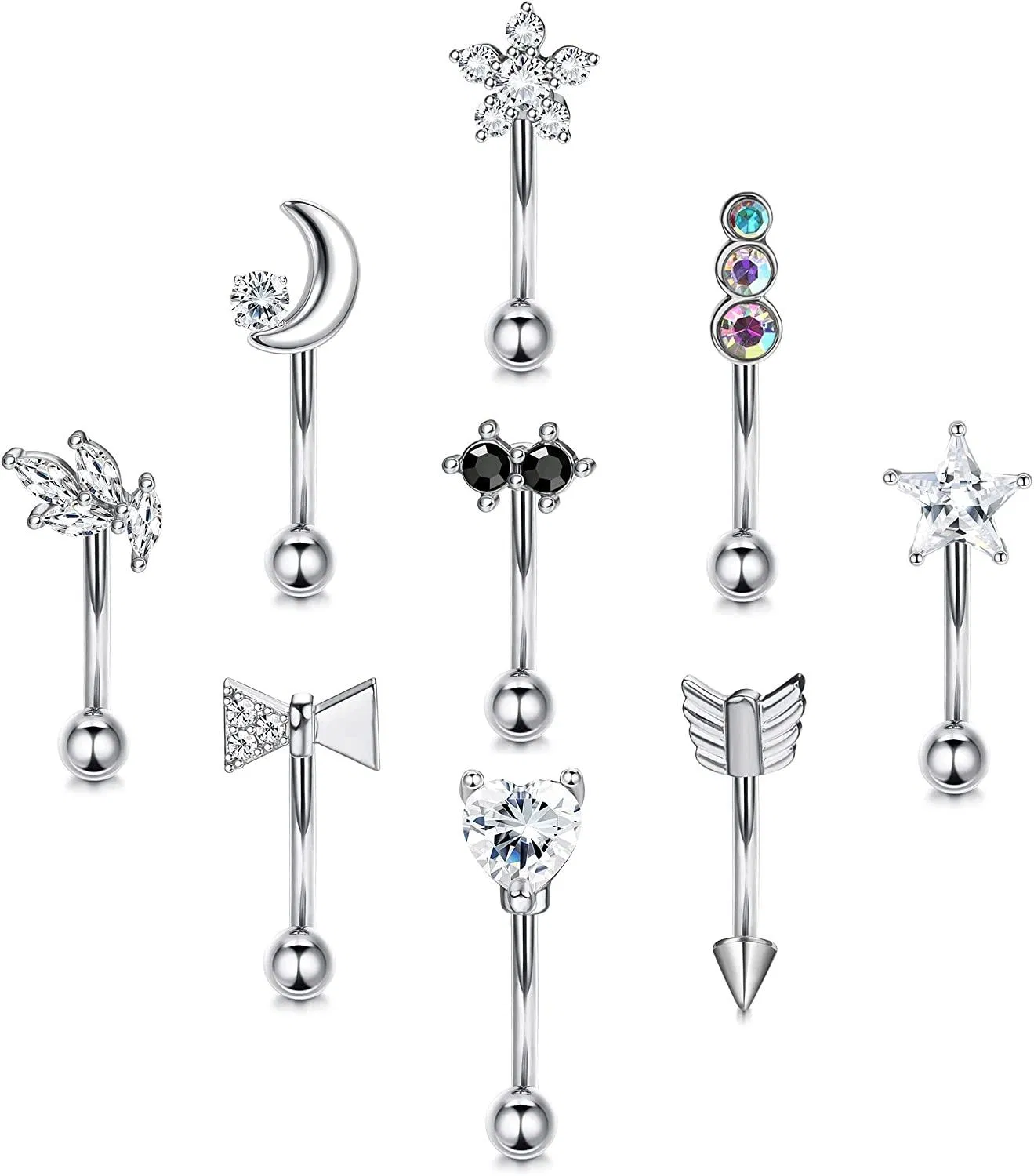 9pcs Augenbrauen Piercing Rook Daith Ohrringe Goldplated Augenbrauen Ringe für Frauen 16G Kurven Barbell Tragus Rook Piercing Eye Brow Ring 8mm Augenbrauen Schmuck