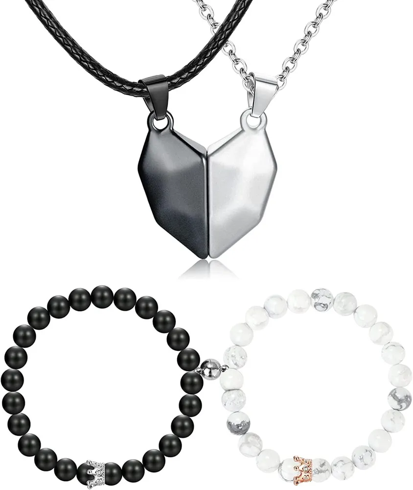 4pcs Magnetische Paare Halskette Armbänder Passende Halskette für Paare Edelherz Anhänger Langstrecken Beziehung Armbänder Natürlicher Stein Perlen Paare Valentinstag Geschenke
