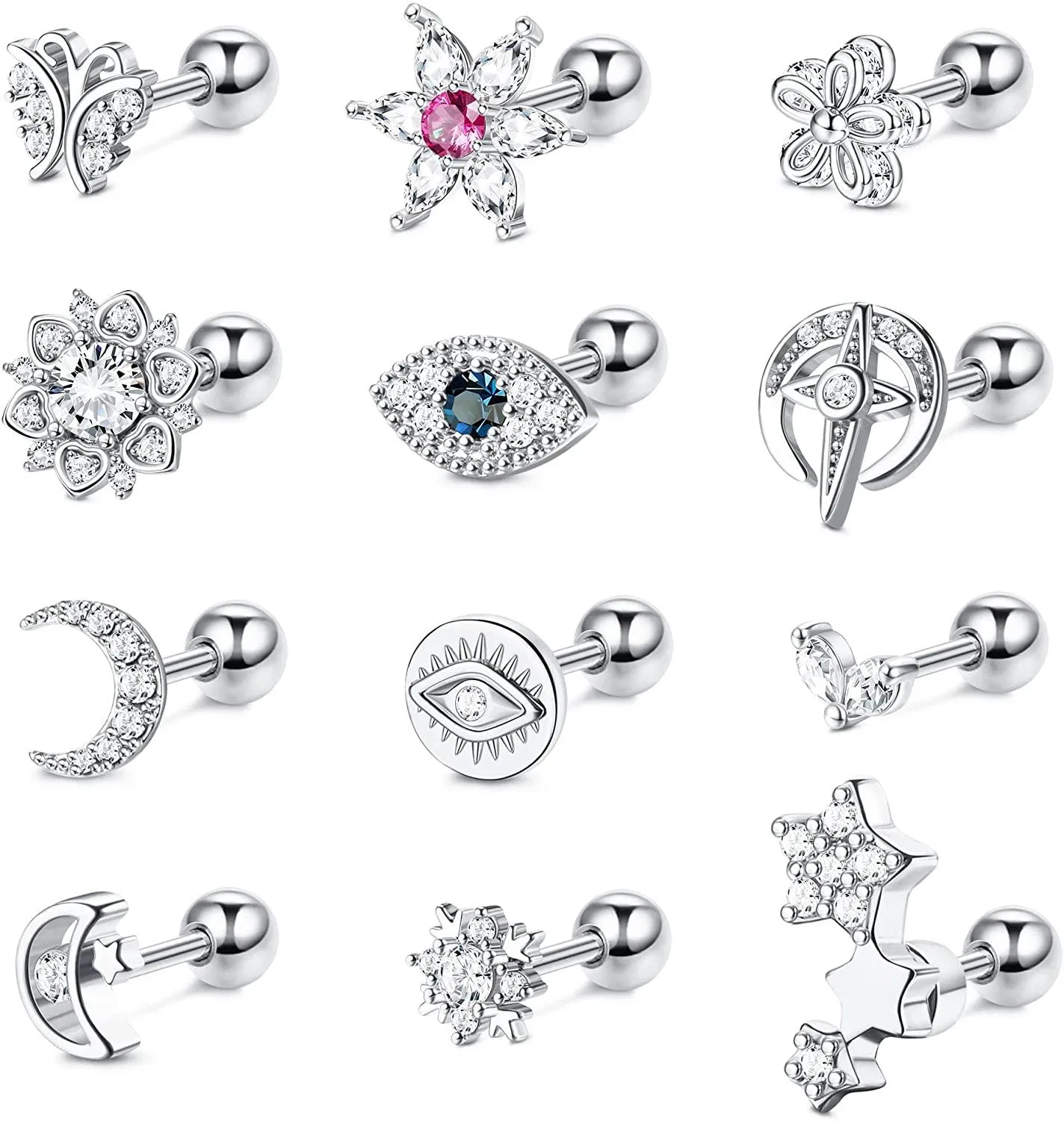 12Pcs 16G Tragus Piercing Edelstahl Knorpel Kubik Zirkonia Stump Ohrringe für Frauen Männer Schmetterling Mond Ohrringe Ball zurück Tragus Helix Piercing