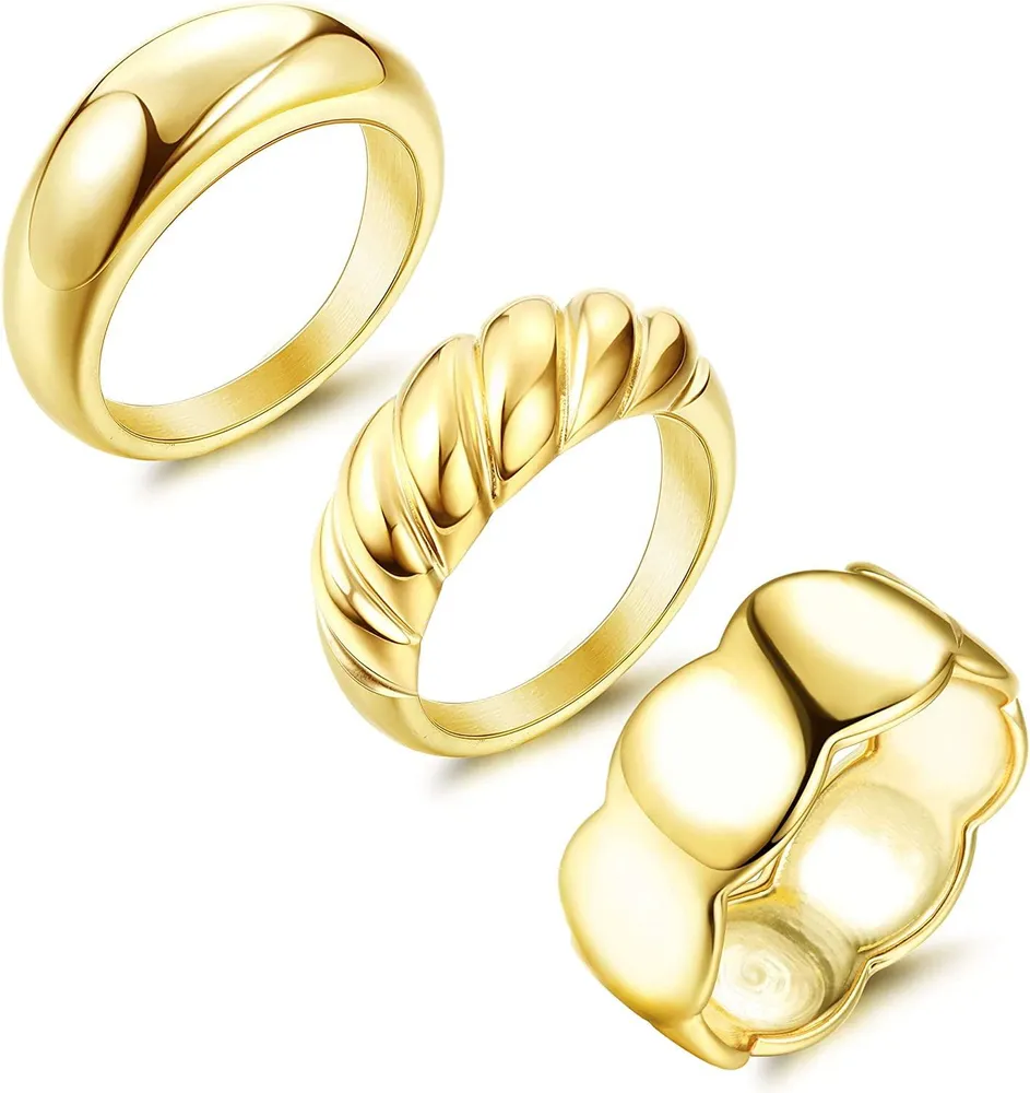 3PCS Dicke Kuppel Chunky Ringe 14K Goldplatten Ringe für Frauen Egirls Round Signet Ringe Geflecht Twisted Signet Ring Minimalist Statement Ring Größe 8