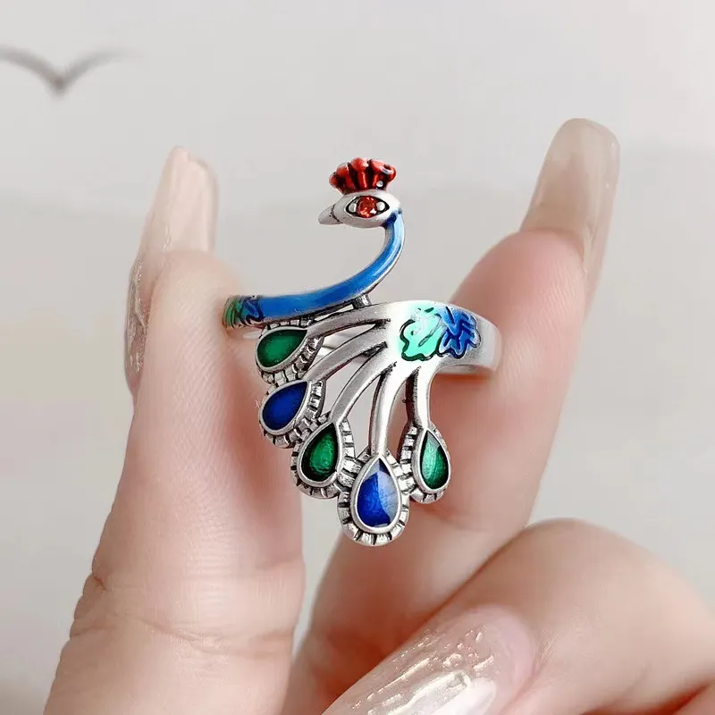 Retro Enamel Burnt Blue Silver Plated Peacock Ring