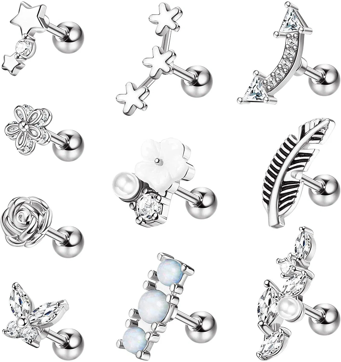 16G Tragus Ohrringe für Frauen Edelstahl Cubic Zirkonia Knorpel Ohrring Blatt Blume Opal Forward Daith Conch Helix Tragus Piercing 10Pcs