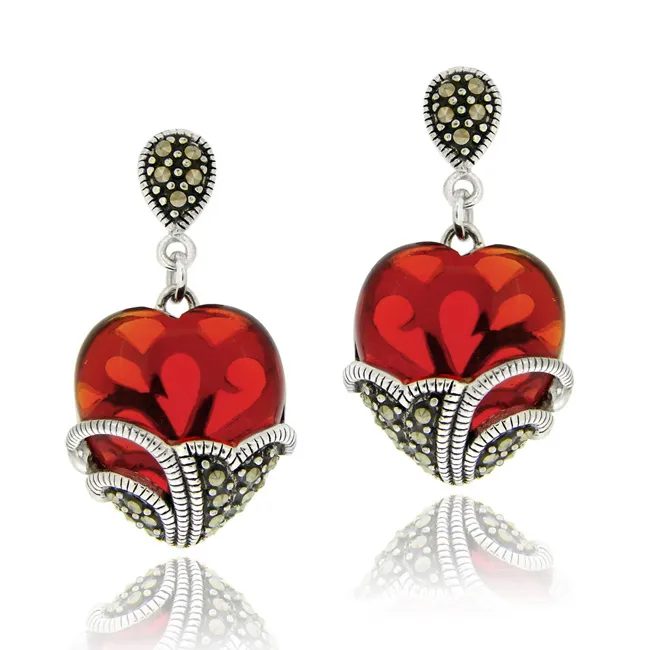 Sterling Silber Marcasite & Garnet Farbglas Herz Ohrringe
