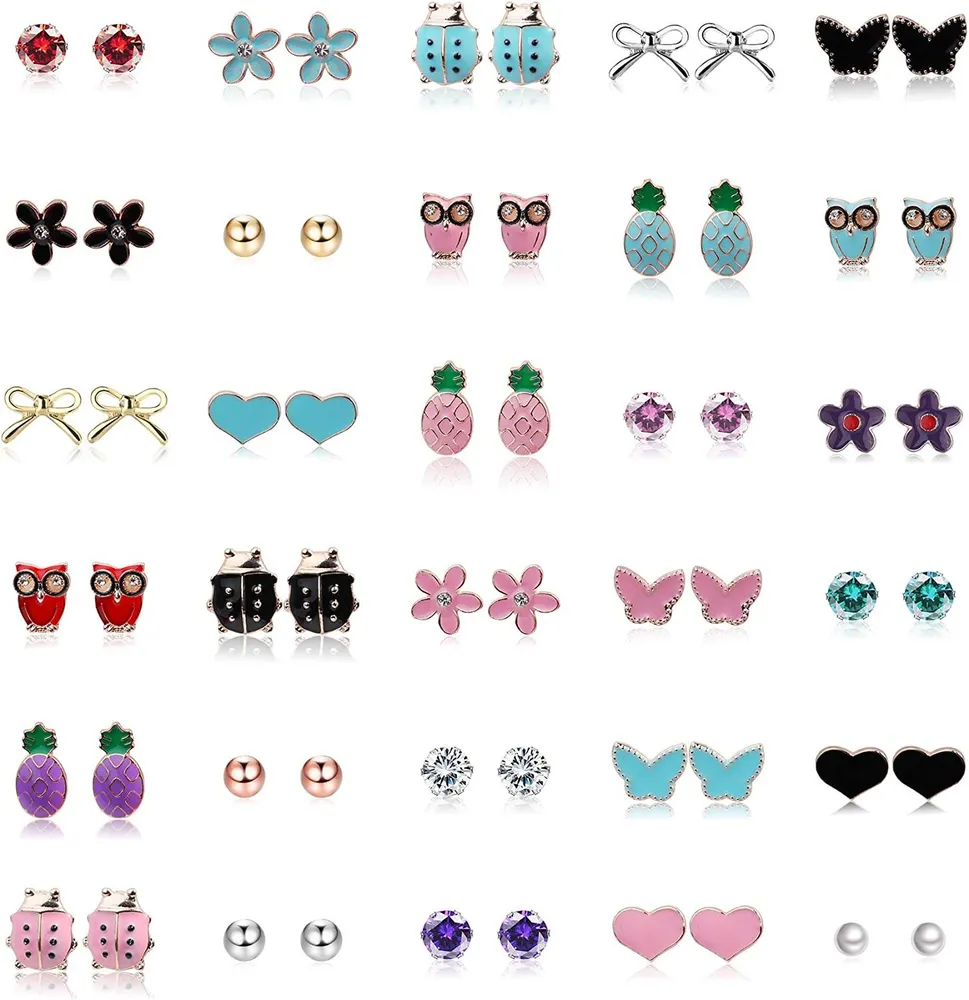30 Paare Kinder Stud Ohrringe Set Edelstahl gemischte Farbe Blumenherz Pentagramm Krone Bienen Lippen Eule Faux Perle CZ Stud Ohrringe Set für Frauen Mädchen