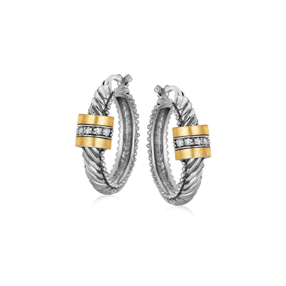 18 Karat Gelbgold und Sterling Silber Diamant italienische Kabelstil Hoop Ohrringe
