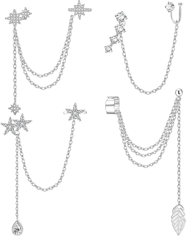 4PCS Ohr Manschetten Ohrringe Kette Ohrringe für Frauen Blatt Ohrringe Schmetterlings Ohrringe Wrap Clip auf Ohrring Star Crawler Hanging Tassel Chain Ohrringe für Mädchen