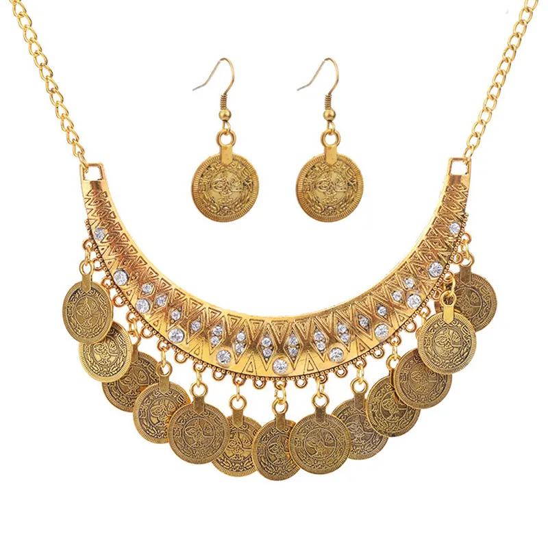 Gypsy Kostüm Schmuck, Retro Boho Münzen Halskette Ohrringe Set