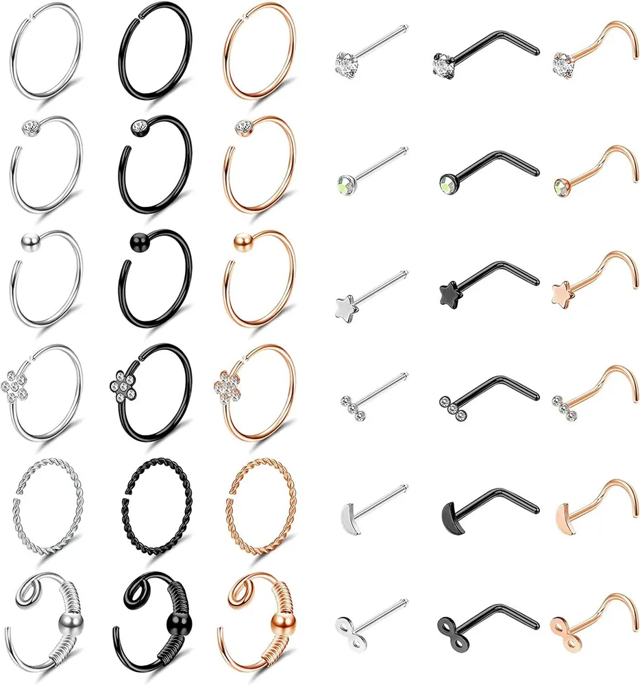 20G 36pcs Nasenringe Hoop Farbe gemischte Edelstahl Nasen Piercing Set für Frauen Männer L-Form Nasen Studs Schraube Piercing Schmuck