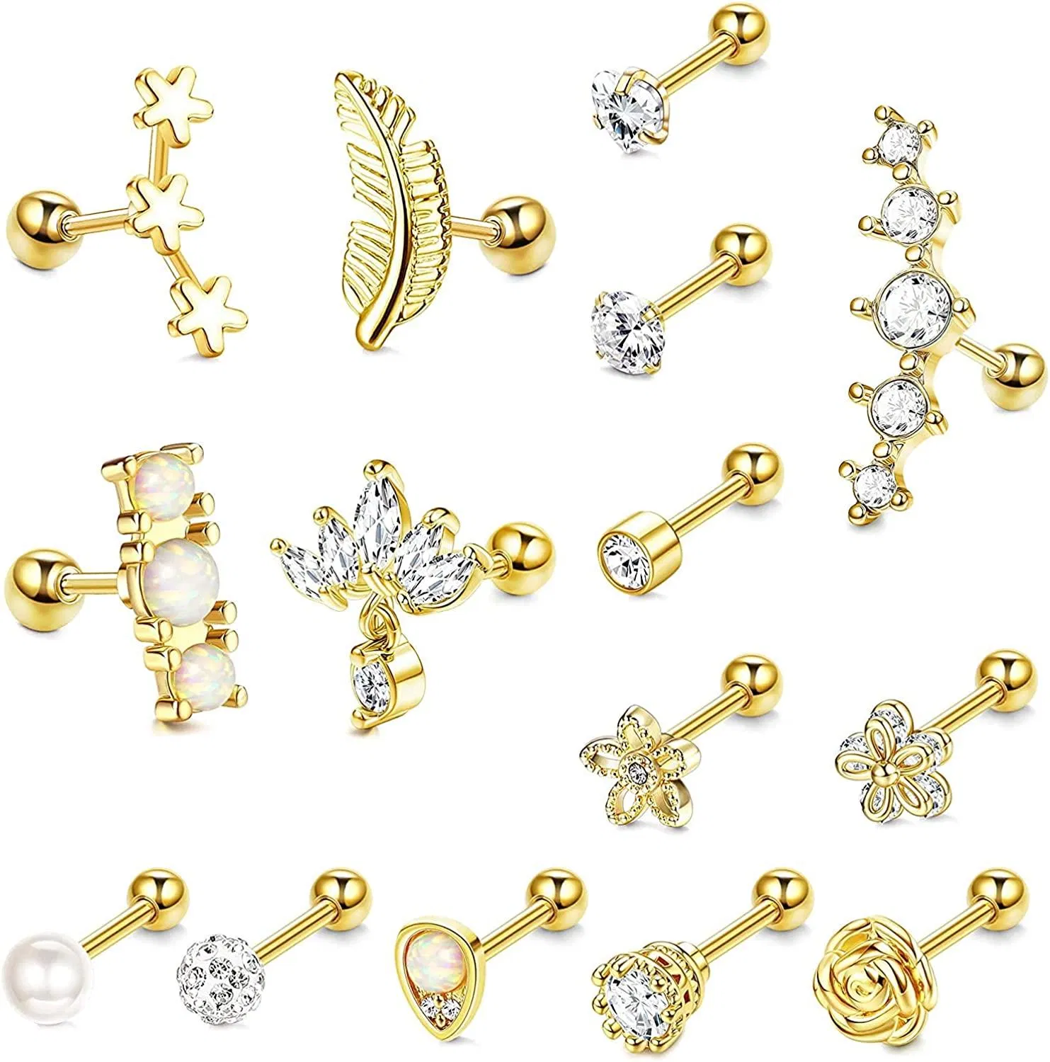 15 Stück 16G Edelstahl Stud Ohrringe Cubic Zirkonia Cartildge Ohrringe Stud für Frauen Helix Ohrringe Muscheln Ohrringe Blumen Tragus Ball Ohrring Piercing Schmuck