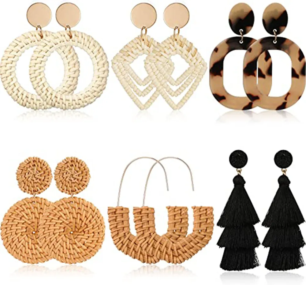 6 Pair Rattan Stroh Ohrringe, Boho Ohrringe Handgemachte Wicker Drop Ohrringe Frauen