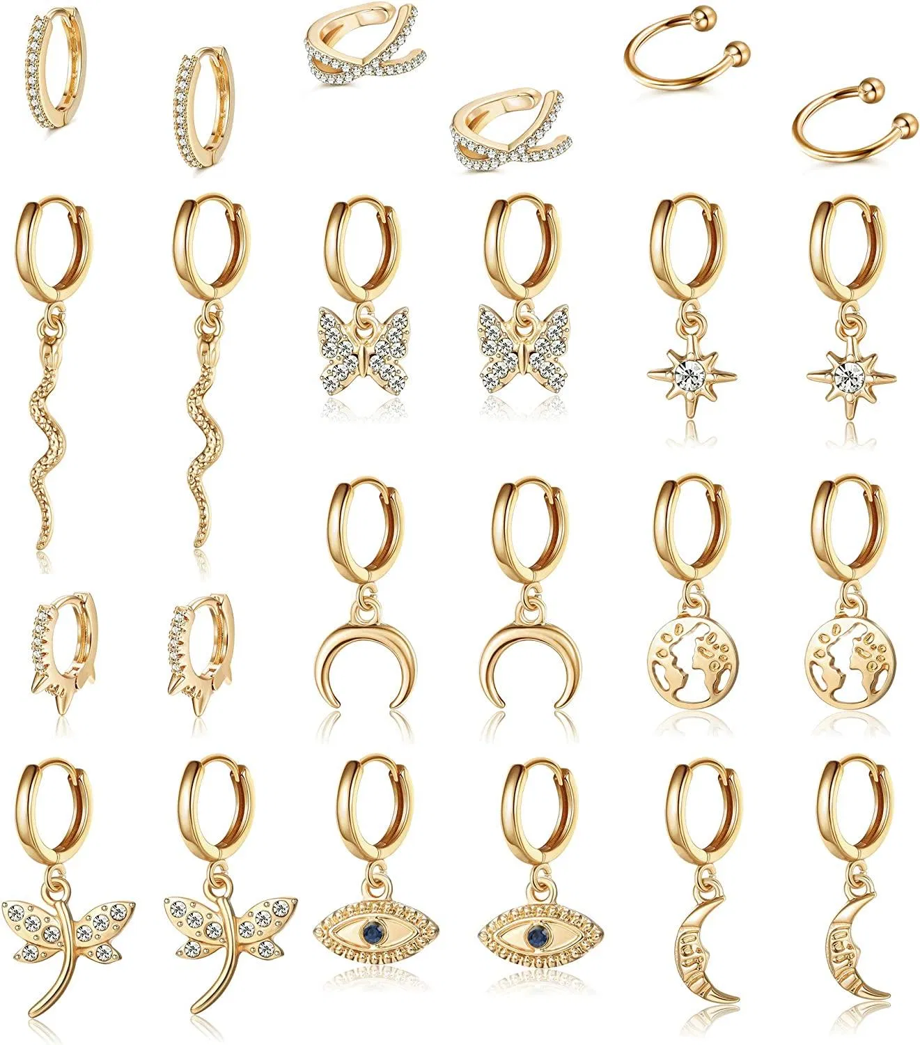 Paare Charme Hoop Ohrringe für Frauen Teenager Mädchen für sensible Ohren Goldener Hoop Ohrringe Set Schmetterlings-Ohrringe Pack Huggie Spike kleine Hoop Dangle Ohrringe