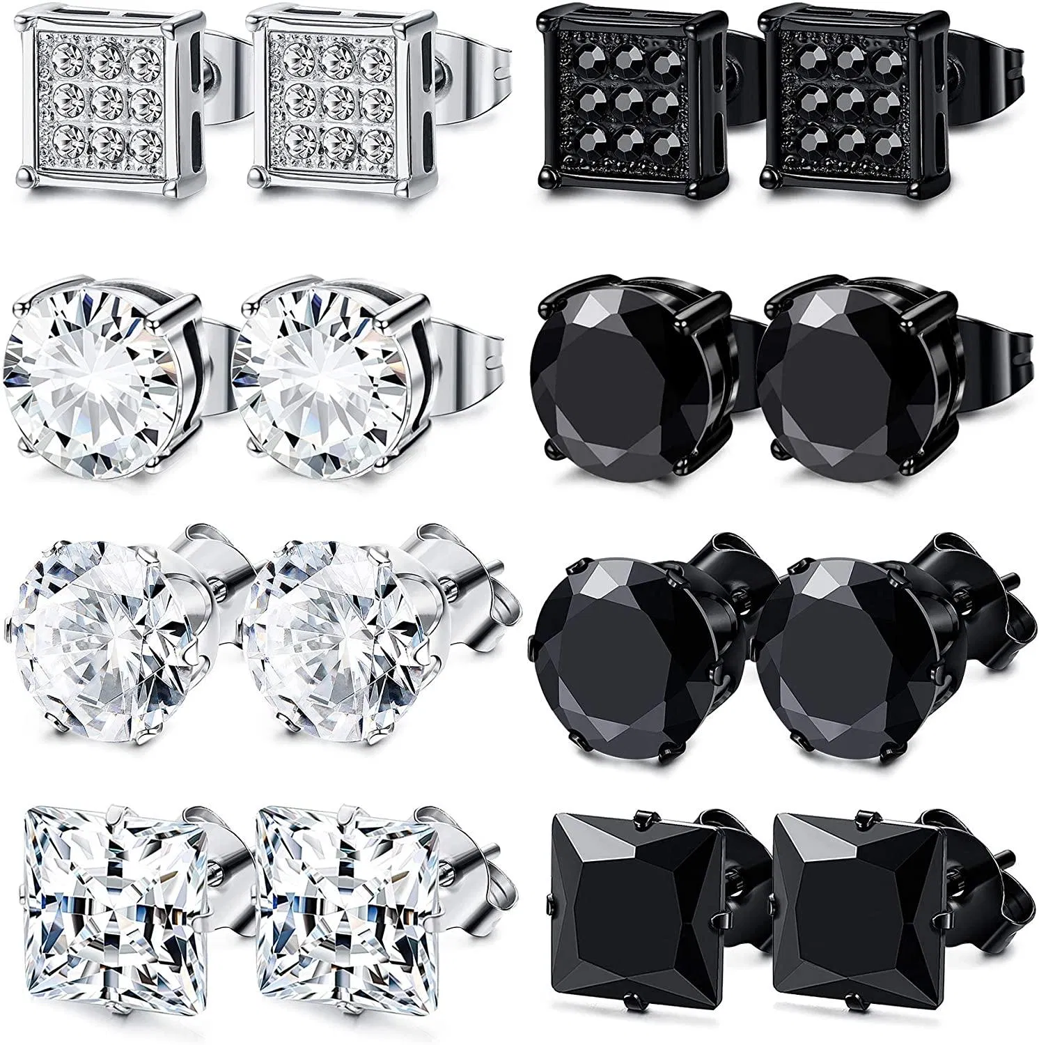 8 Paare Edelstahl Stud Ohrringe für Männer Frauen Quadrat CZ Ohrringe; 6MM