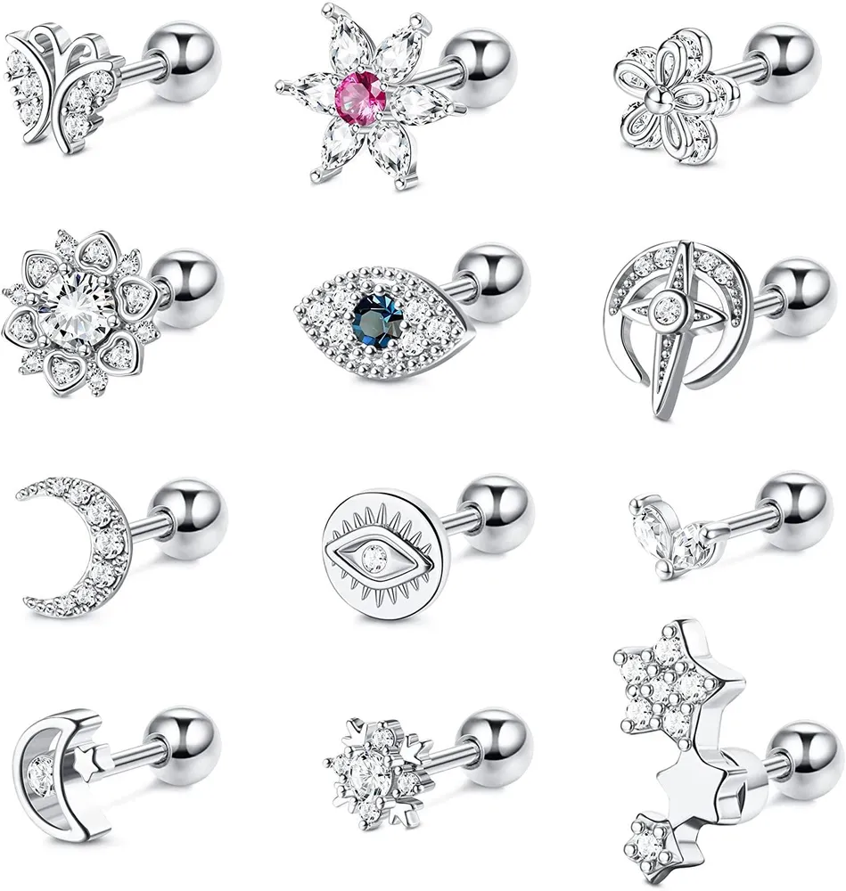 12Pcs 16G Tragus Piercing Edelstahl Knorpel Kubik Zirkonia Stump Ohrringe für Frauen Männer Schmetterling Mond Ohrringe Ball zurück Tragus Helix Piercing