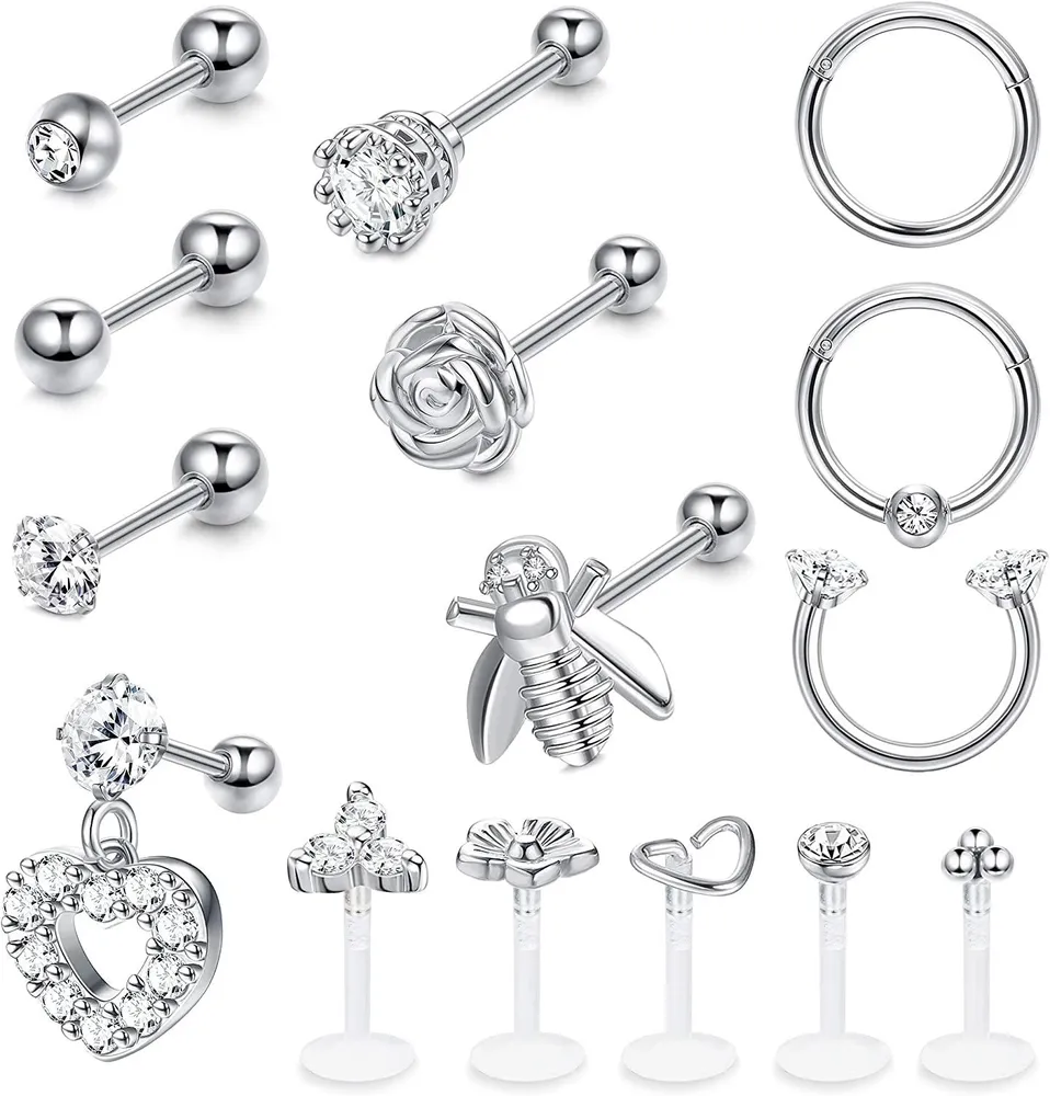 15pcs Tragus Ohrringe Ohrknorpel Ohrringe Stud für Frauen Männer Helix Conch Piercing CZ Barbell Stud 16G Ohr Piercing Edel Ohr Studs