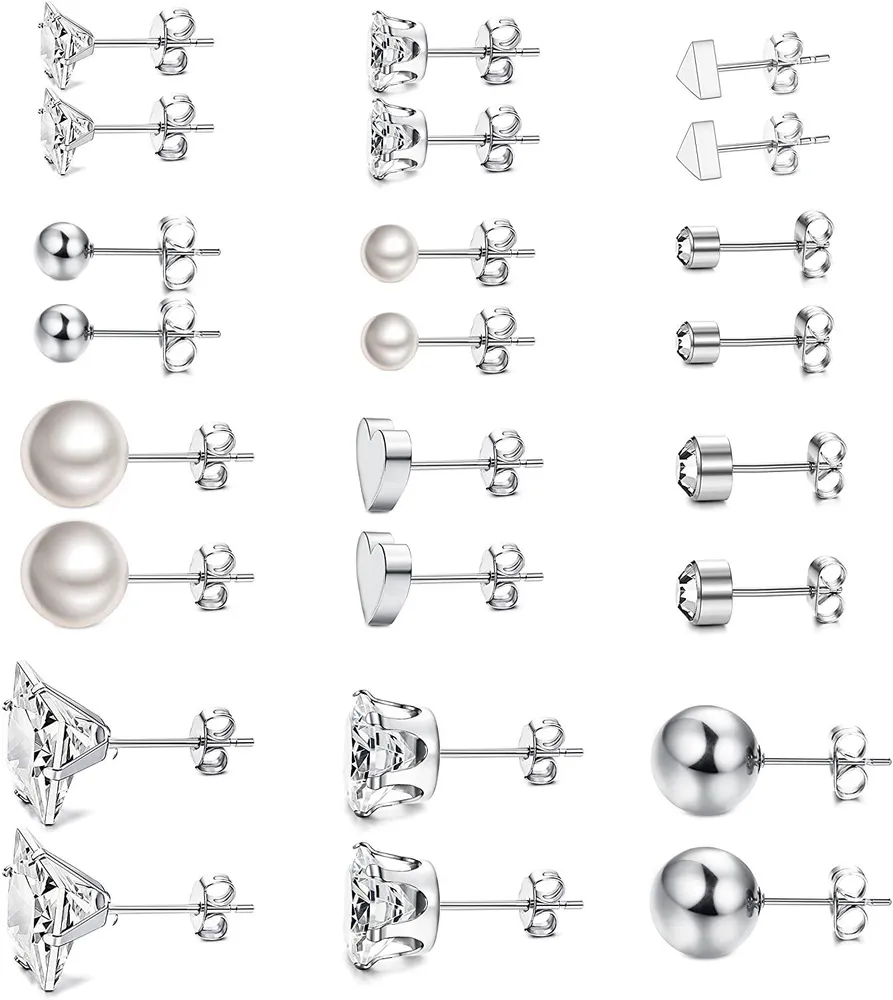 12 Pairs Surgical Steel Stud Ohrring Set Ohrring Ball Dreieck Herz CZ Ohrring