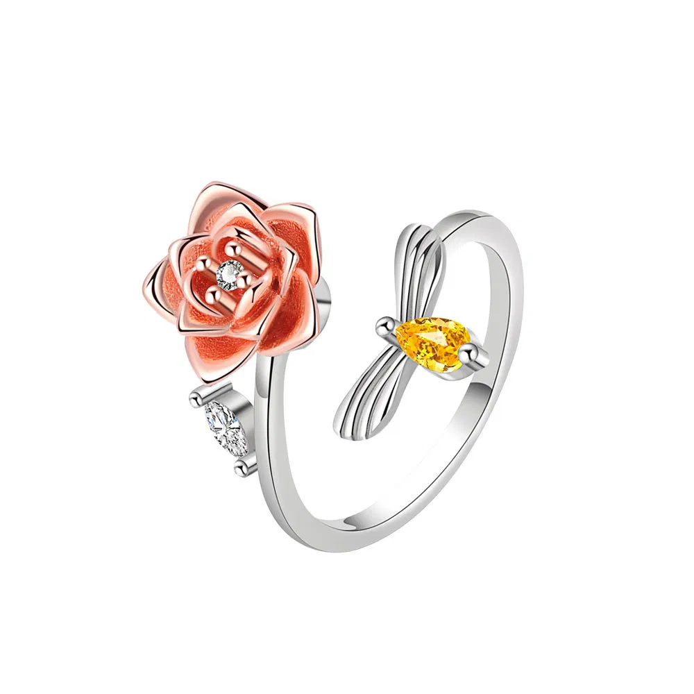 S925 Sterling Silber verstellbarer Wrap offene Ringe Rose Flower Bienenring für Frauen Teenager Frauen Elegant Schmuck Damen Accessoires