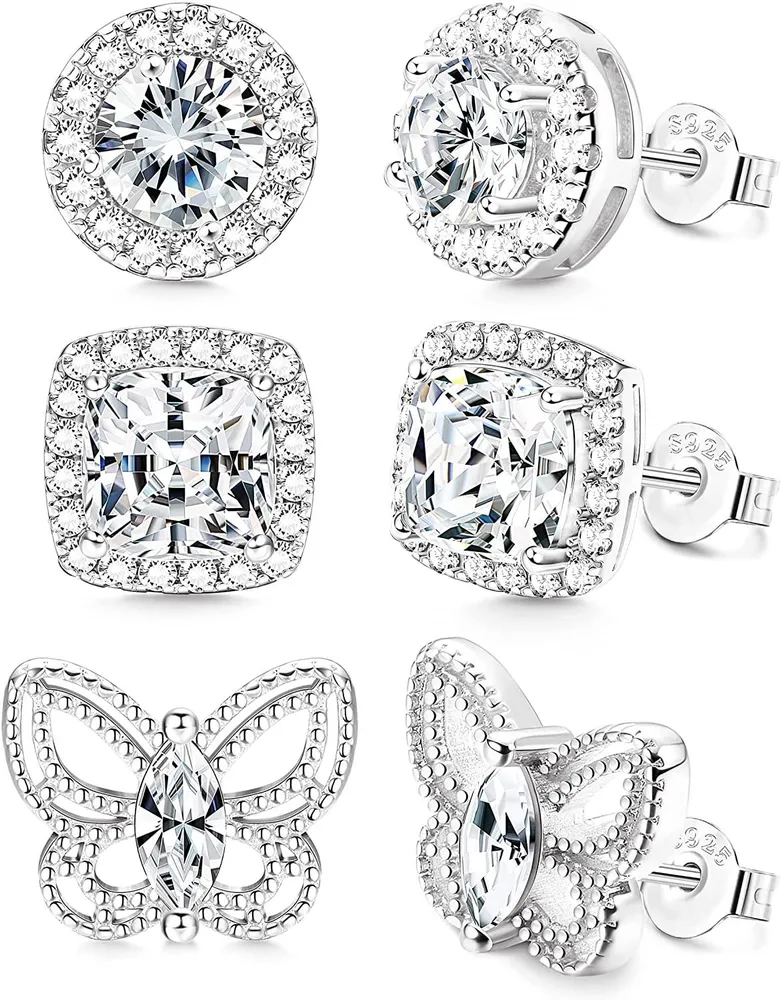 3Paare 925 Sterling Stud Ohrringe Set für Frauen Mädchen Kubik Zirkonia Brilliant Round Square Butterfly Faux Diamond Halo Ohrringe für Braute Brautjungfer Hochzeit