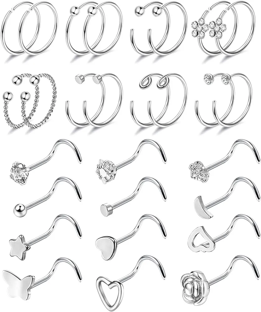 28Pcs 20G Nasenringe Edelstahl L Knochen Schraube geformte Nasen Studs Tragus Knorpel Nasenringe Hoop Labret Nasen Piercings Schmuck