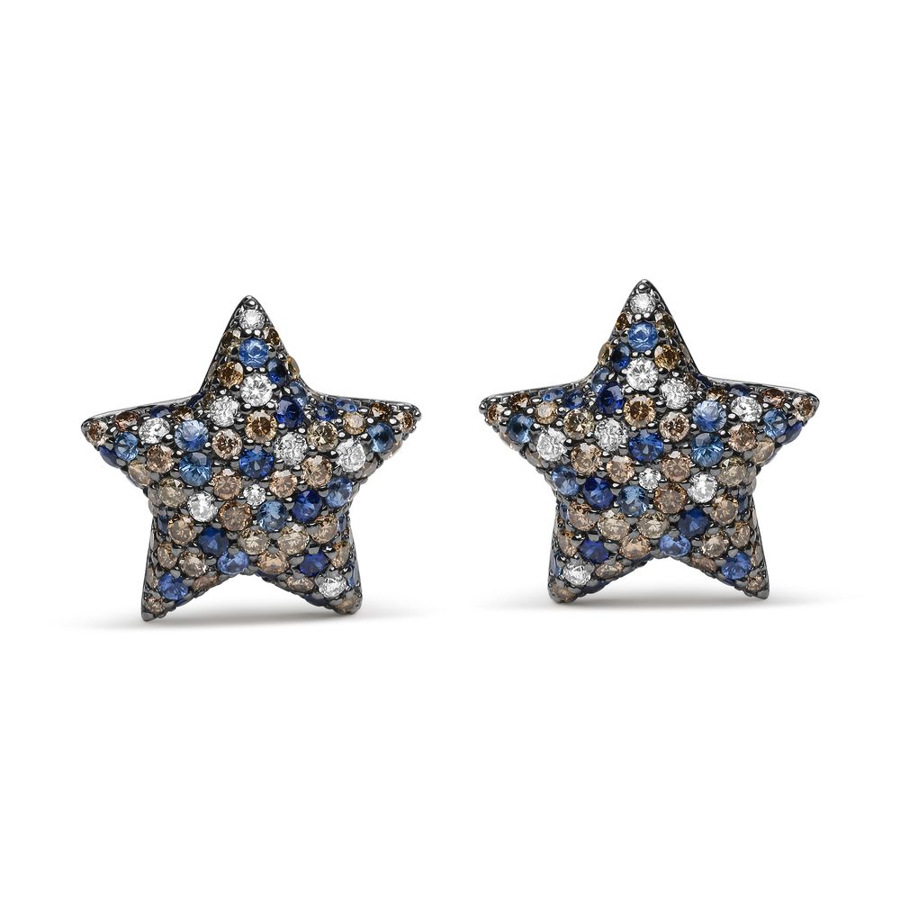 Schwarzes Rhodium überplatte 18 Karat Weißgold 1,00 Cttw Diamant und rund blauer Saphir Edelstein Micro-Pave Star Stud Ohrringe (Braun und G-H Farbe, SI1 - SI2 Klarheit)