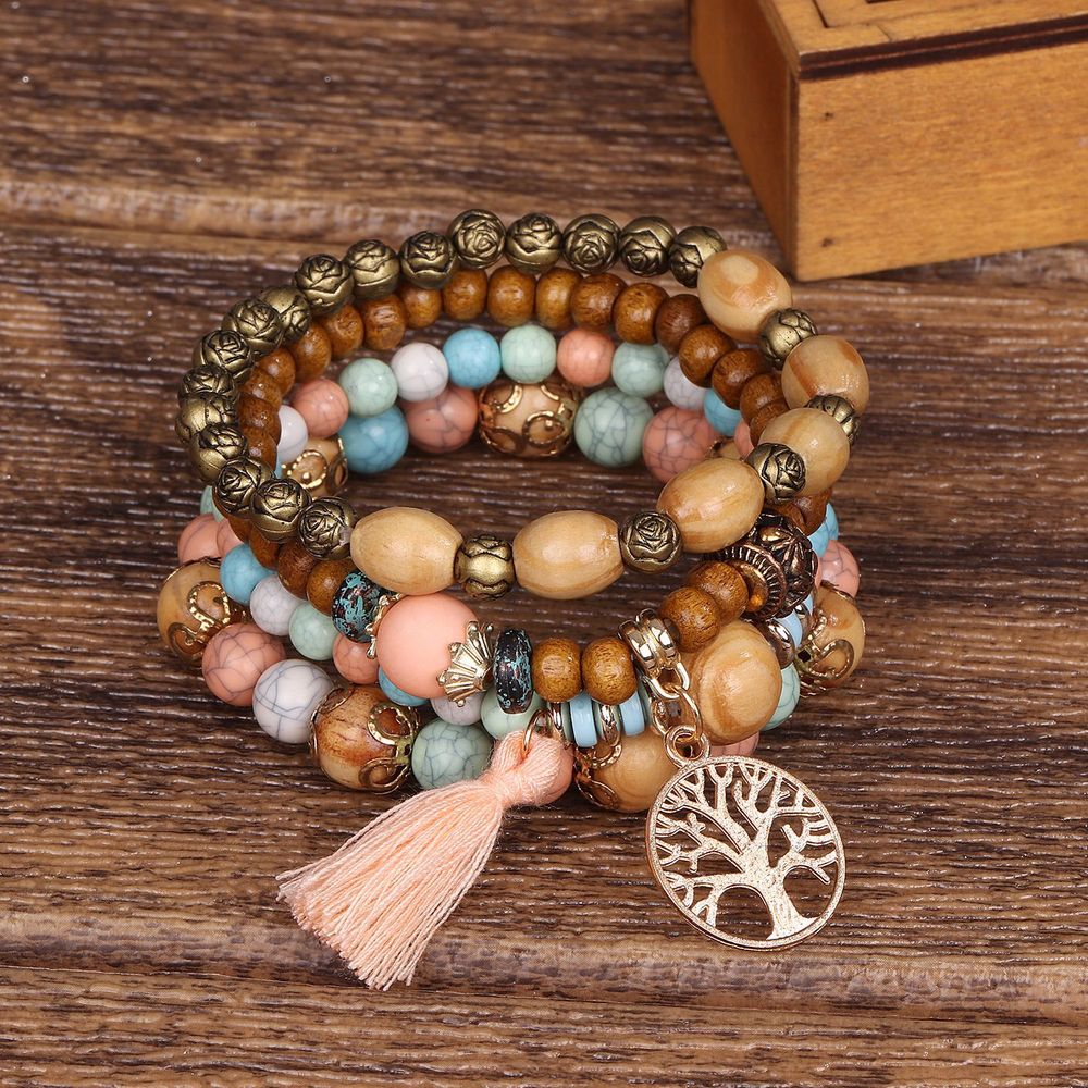 4pcs Tree & Tassel Charm Beaded Armband Handgemacht