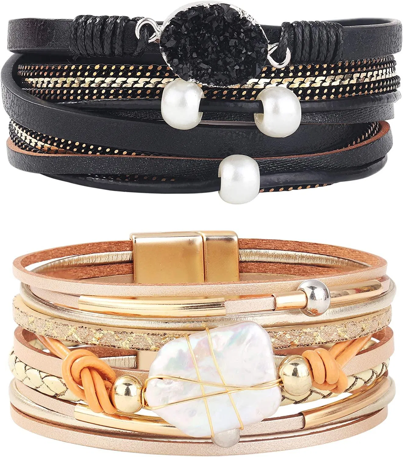 Damen Leder Wrap Armband Barock Pearl Cuff Multi-Layer Druzy Stone Wrap wunderschöne Gold Tube Armband Handgemachte Armbänder Schmuck mit Magnetverschluss