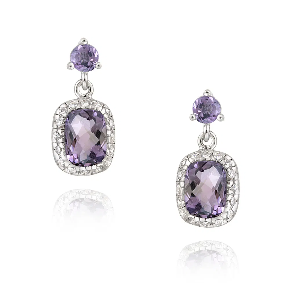 Sterling Silber Amethyst & CZ Rechteck Dangle Ohrringe