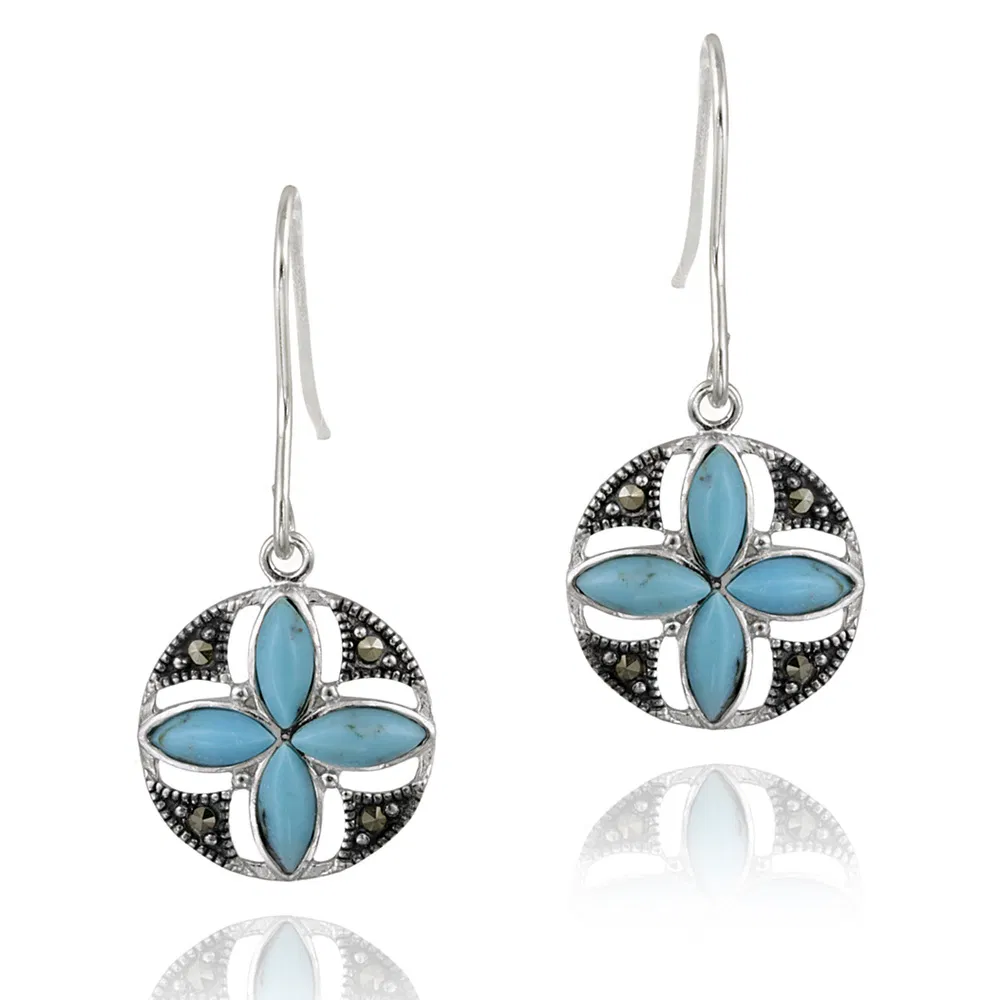 Sterling Silber geschaffen Türkis & Marcasit Blumen Dangle Ohrringe