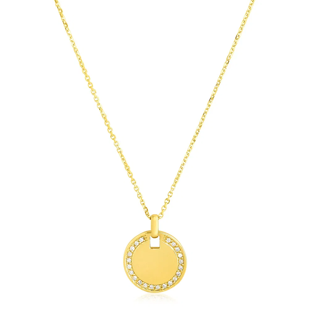 14 Karat Gelbgold High Polish Diamond Round Disc Tag Kette