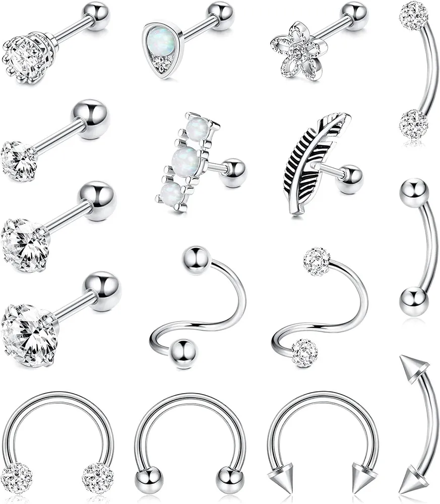 16pcs 18G Edelknorpel Ohrringe Piercing Cubic Zirkonia Stud Ohrringe für Männer Frauen Vorwärts Helix Tragus Ohrringe Conch Rook Piercings Knorpel Piercing Set