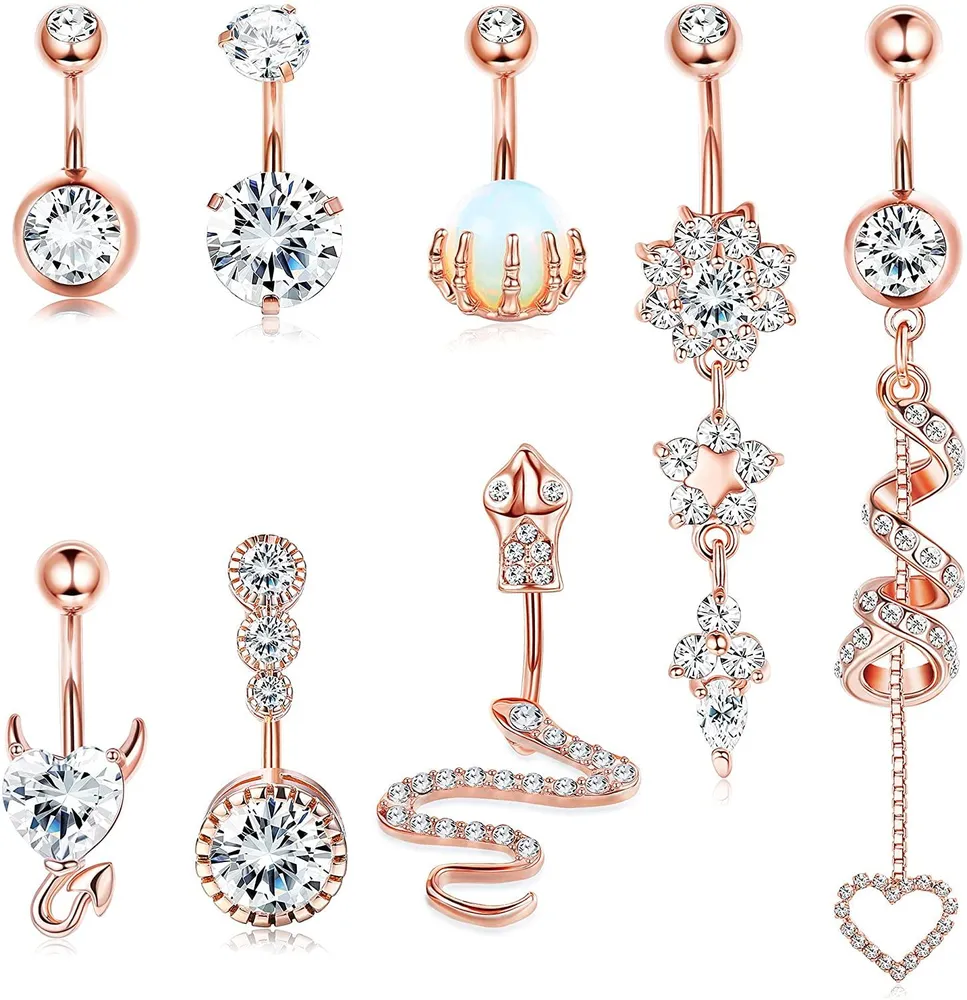 8pcs 14G Bauchknopf Ringe Dangle für Frauen Edelstahl Schlange Schädel Hand mit Opal Clear CZ Nabel Ringe Körper Piercing Schmuck