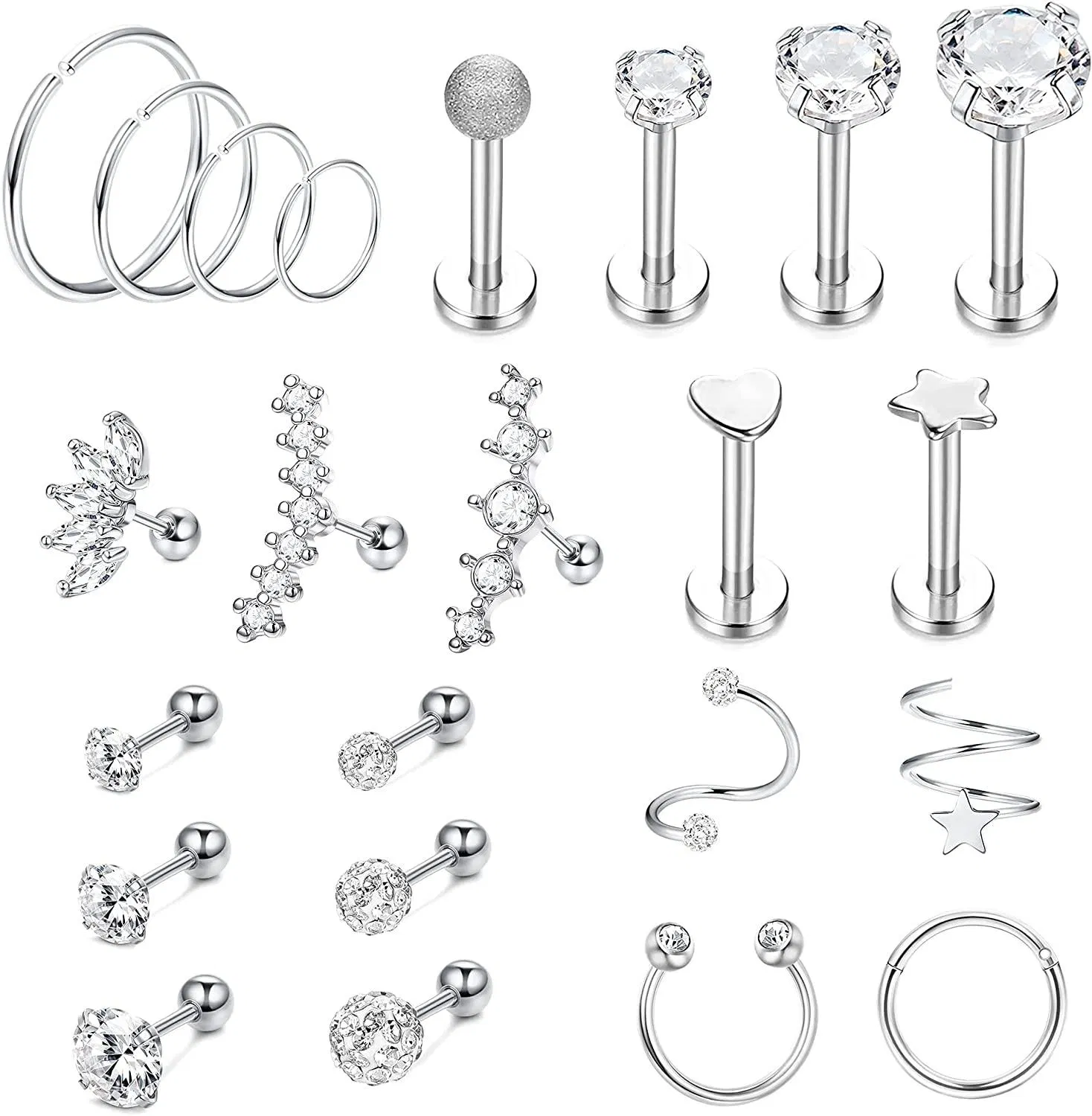 23pcs Knorpel Ohrringe Hoop Studs für Frauen Männer Rook Daith Conch Tragus Helix Ohrringe Stern Herz Ball CZ Blumen Edelstahl Knorpel Piercing Schmuck