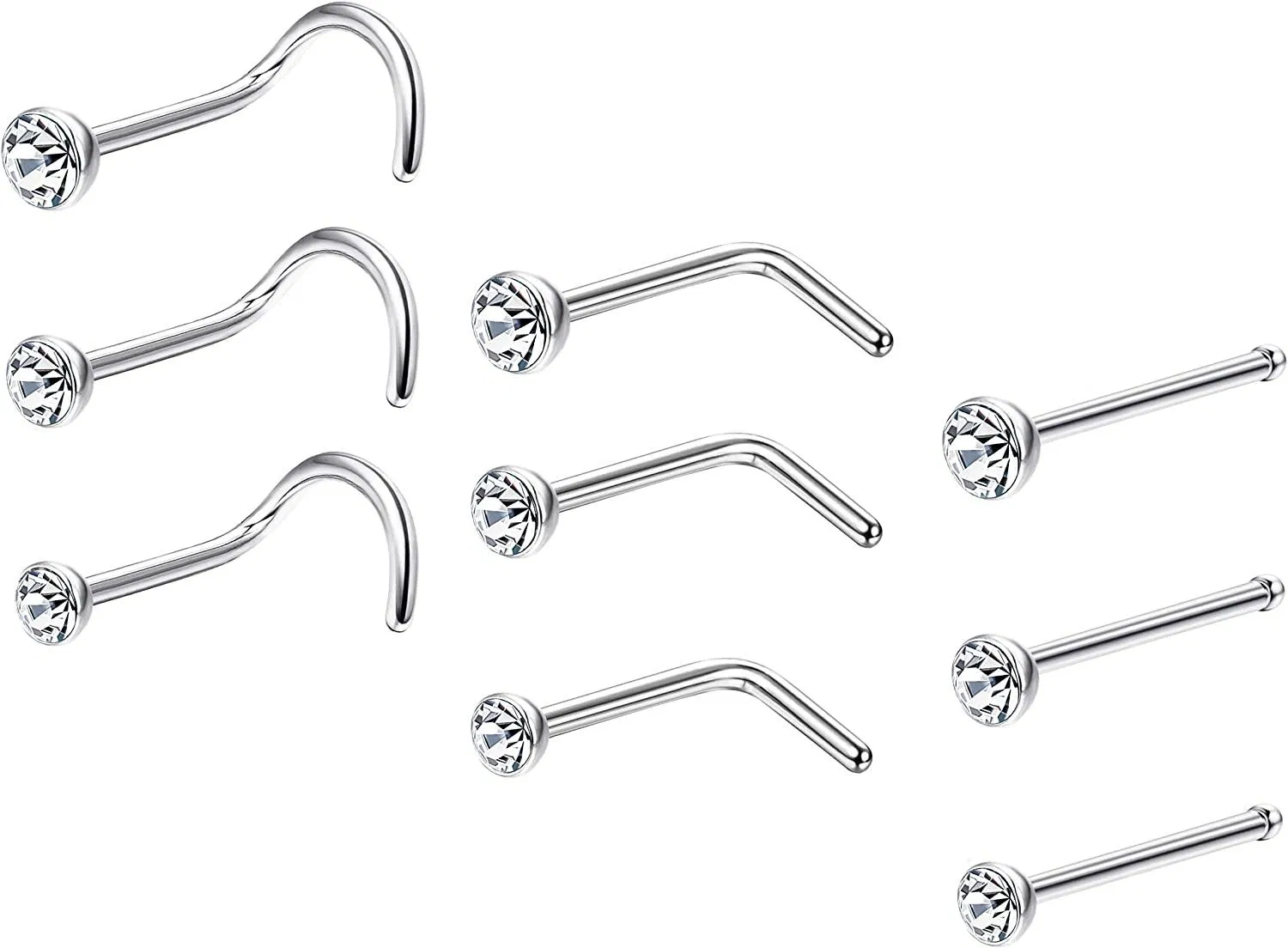 22G 9 Pcs Sterling Silber Nasenringe für Frauen Männer - Nasenringe Studs Set mit Österreich Kristallen L-Form / Gerade / Schraube Nasen Piercing Schmuck mit Geschenkbox 1.5mm 2mm 2.5mm 3mm