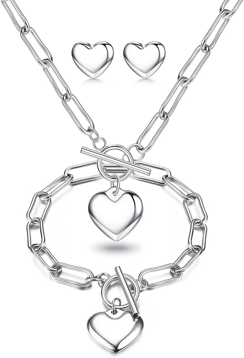 Herz Anhänger Halskette Armband für Frauen Schalter Schließverschluss Papierklift Kette Liebe Herz Stud Ohrringe Charme Choker Halskette Schmuckset