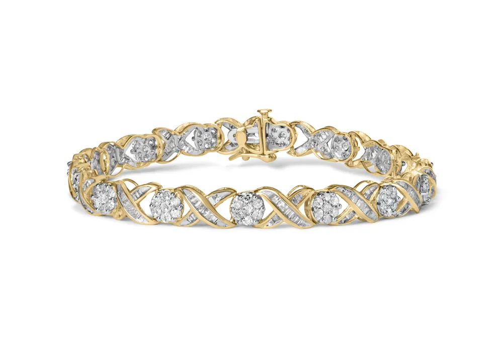 10 Karat Gelbgold 3,00 Cttw Round-Cut und Baguette-Cut Diamant 'XOXO' Floral Design Armband (J-K Farbe, I1 - I2 Klarheit)