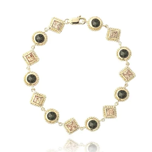 18 Karat Gold über Sterling Silber Braun & Champagner CZ Quadrat und Round Link Armband
