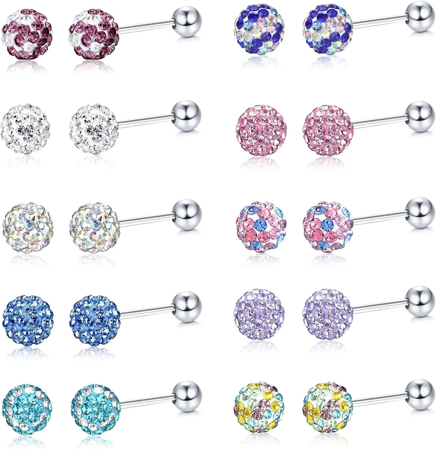 10 Paare 20G Edelstahl Multicolor Kristallkugel Knorpel Stud Ohrringe Set für Frauen Mädchen Empfindliche Ohren mit Schraube auf dem Rücken 4 / 6 / 8MM