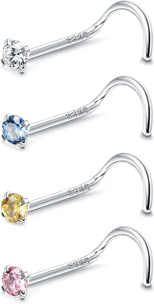 4pcs 925 Sterling Silber 20G Nasenringe für Frauen Männer Multicolor 5A CZ Corkscrew Nose Studs L-Form Nasenringe 2mm Nasen Piercing Schmuck