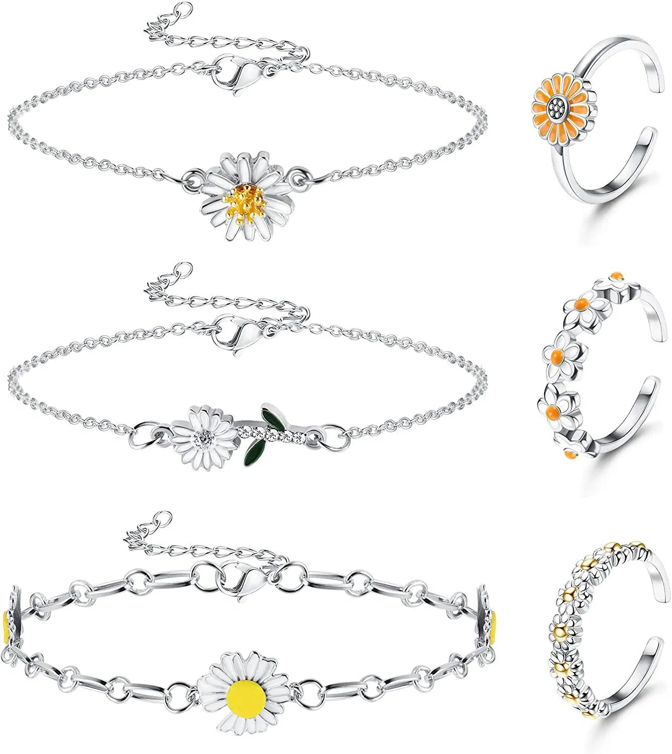 6pcs Ankleber und Zehenring Set für Frauen Daisy Sonnenblumen Knöchel Armbänder süße Blume verstellbare offene Zehen Tail Ringe Sommer Strand Füße Schmuck