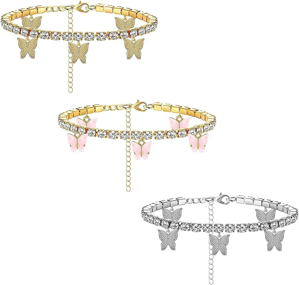 Schmetterling Knöchel Armbänder für Frauen Boho Strand Charms Rhinestone Tennis Ankleber Edelstahlschicht verstellbare Kette Ankleber Fuß 2 - 3pcs