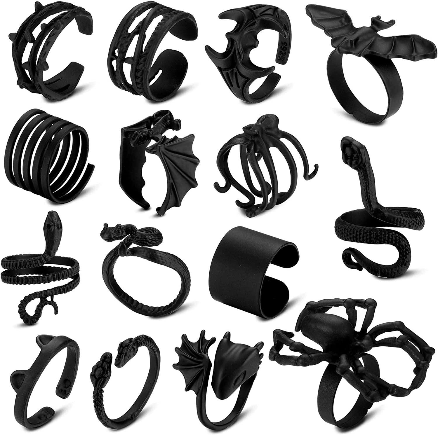 15 Pcs schwarze Ringe Set für Frauen Mädchen Schlange Fledermaus Teufel Flügel Spider Rose Cool Punk Gothic Ringe Stapeln Vintage Midi Schwarz verstellbare Ringe Größe 8