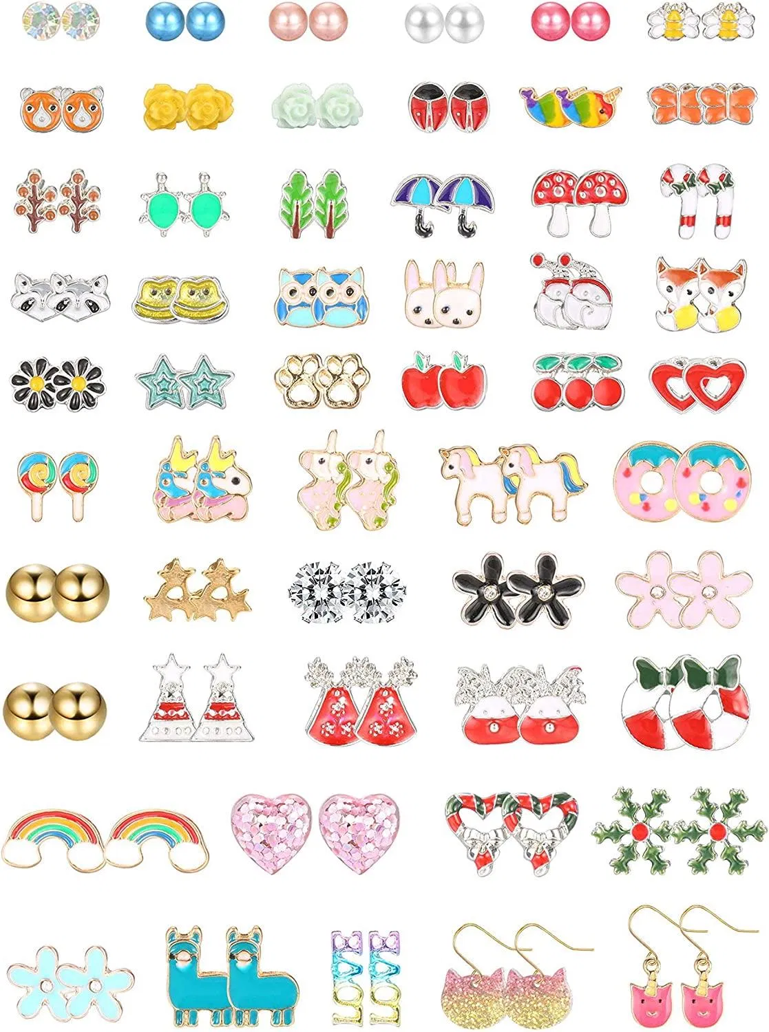54 Paare Kinder Stud Ohrringe gemischte Farbe süße Tiere Einhorn Fuchsherz Schmetterling Biene Faux Perlbaum Daisy Umbrella CZ Stud Weihnachtsgeschenke Ohrringe Set Für Frauen Mädchen