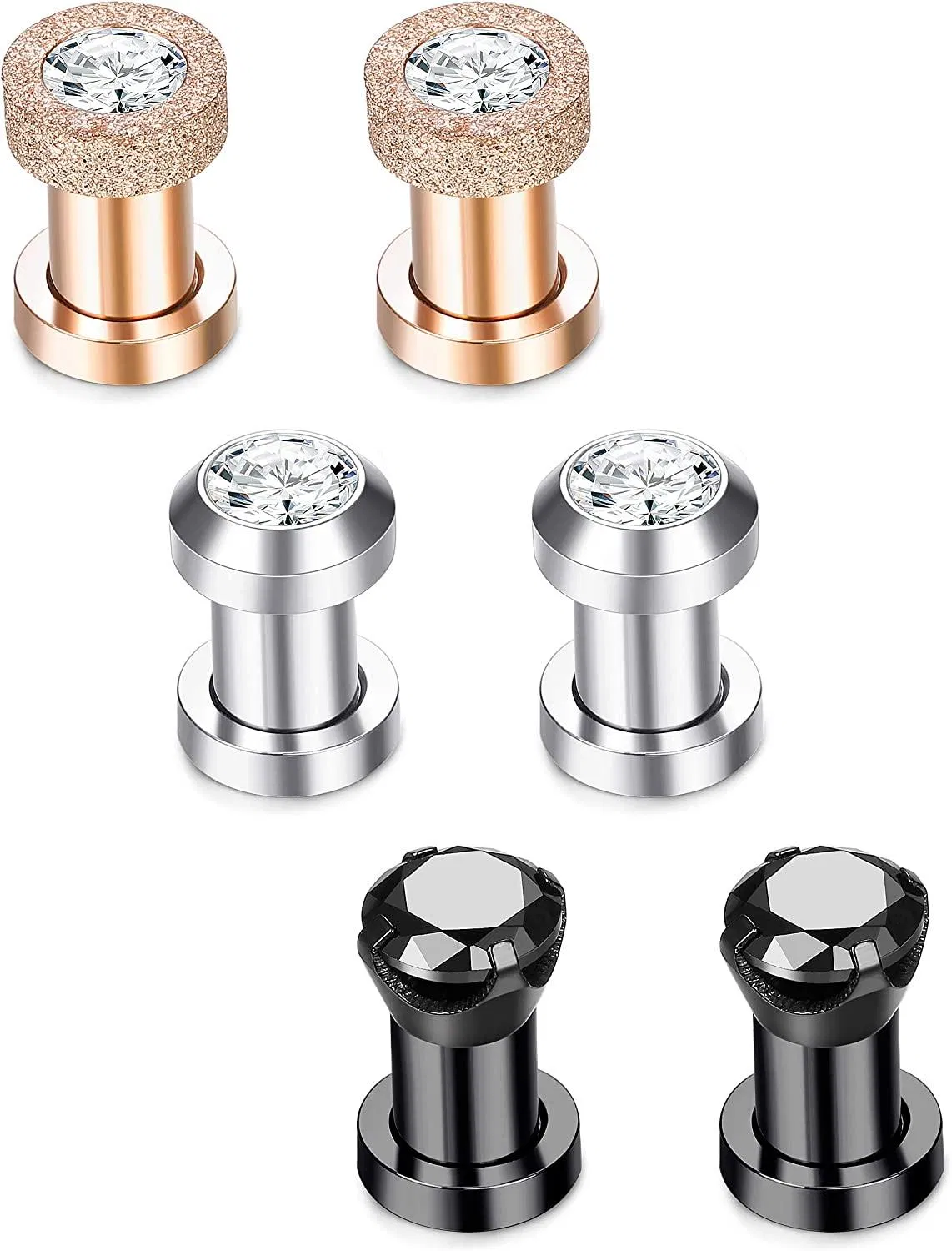 3 Paare Edelstahl Ohrmessgeräte CZ Schraubtunnel Ohrstrage Stecker und Tunnel Expander Body Piercing