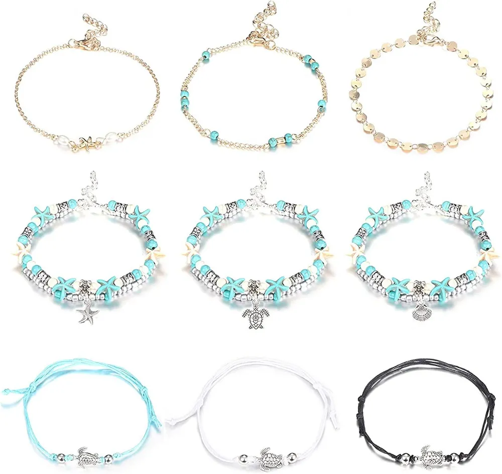 9 Pcs blaue Knöchel-Armbänder für Frauen Sternfisch-Schildkröte Ankletschildkröte Multilayer Charm Perlen Meer Ankletschild Fußkette Schmuck