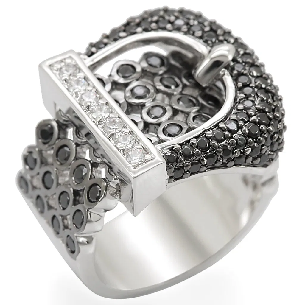 1W048 - Rhodium + Ruthenium-Brass Ring mit AAA-Klasse CZ in Schwarzem Diamant
