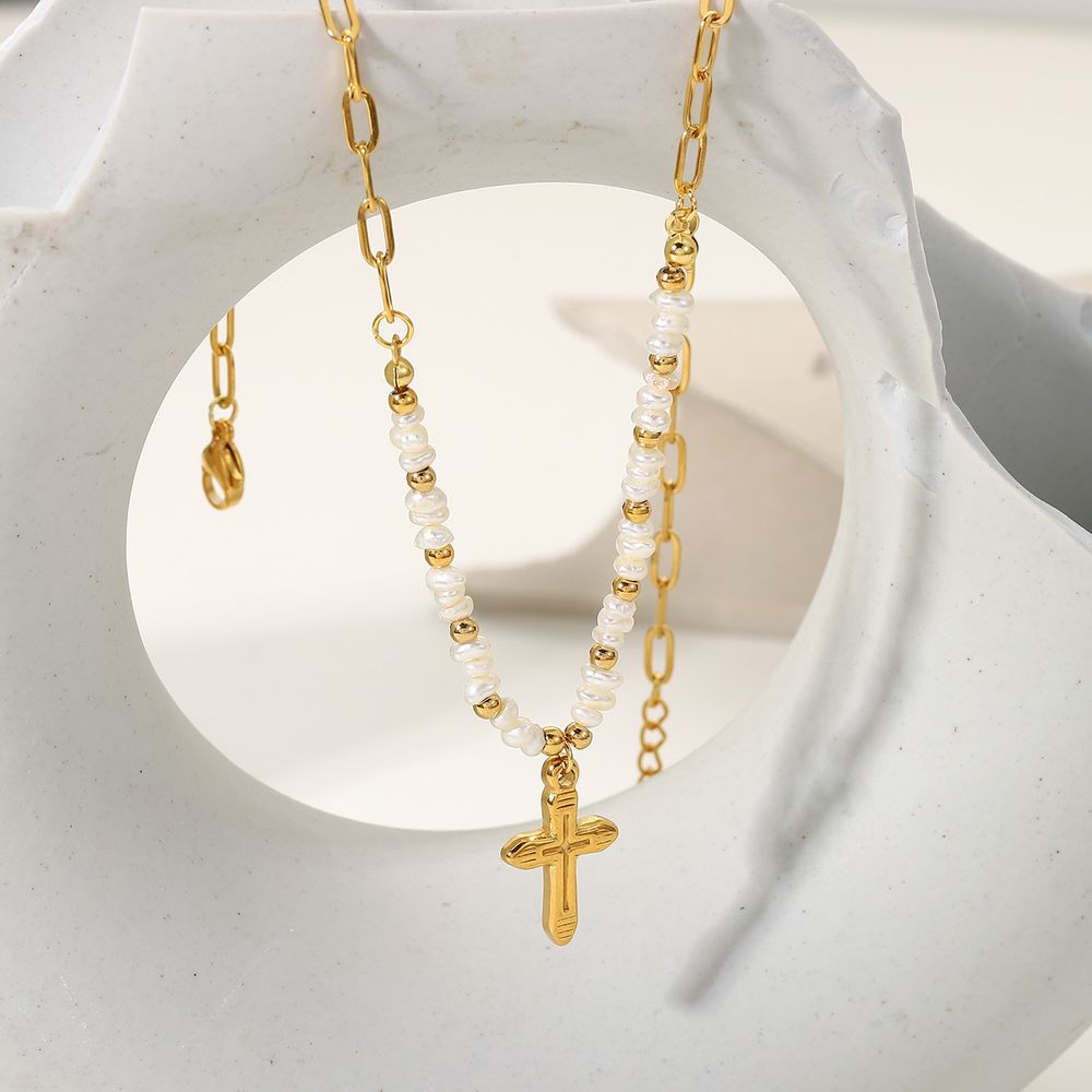 Ins Wind 18k Gold Kreuz Anhänger Halskette Natürliche Süßwasser Perlen Reis Perlen Nähen Edelstahl Halskette Für Frauen