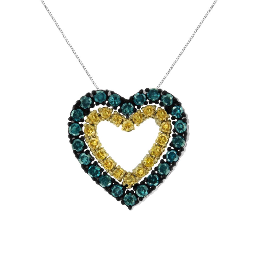 14 Karat Gelbgold Plated .925 Sterling Silber 1 / 2 cttw Farbe behandelt Diamant Herz Anhänger Halskette (Blau, Gelb, I2 - I3 Klarheit) - Größe 18