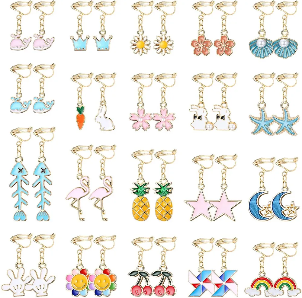 20 Paare Clip On Ohrringe für kleine Mädchen Frauen süße Tiere Blumen Regenbogen Dangle Nicht durchbohrte Clipon Ohrringe Set Schmuck