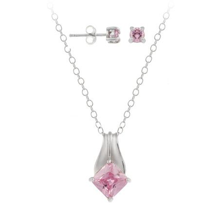 Sterling Silver Pink CZ Solitaire Anhänger & Stud Ohrringe Set