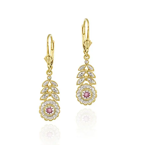 18 Karat Gold über Sterling Silber Ruby & Diamond Blume w / Blätter Leverback Ohrringe
