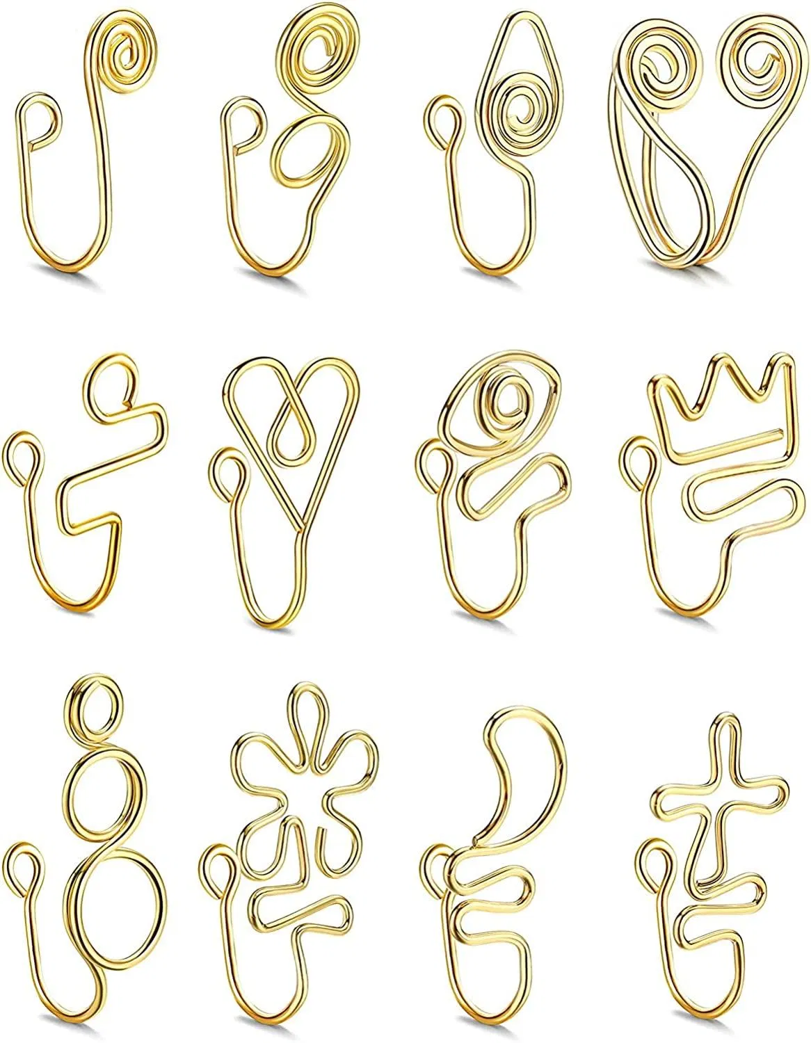 12Pcs Falsche Nase Ringe Septum Gold / Silber Afrikanische Nase Manschette Non-Piercing - Clip auf Faux Nase Piercing für Frauen Männer